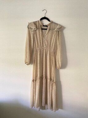 O.P.T. Cream Floral Metallic Sheer Prairie Boho Chiffon Dress XS Peasant